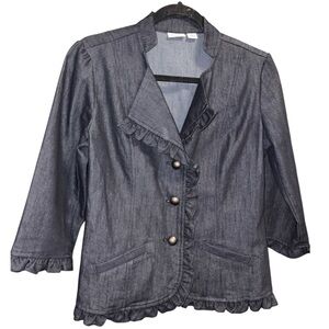 #86 Cato Dark Wash Women's Ruffled Denim 3 Button Blazer W/ Beautiful Buttons
